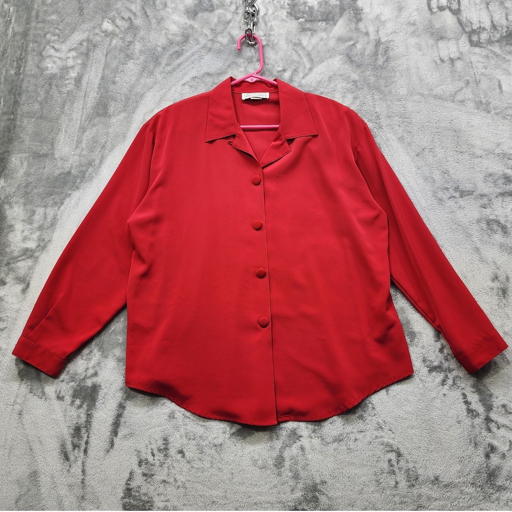 Vintage Petite Impressions Top Womens L Red Long Sleeve Button Up Blouse Office